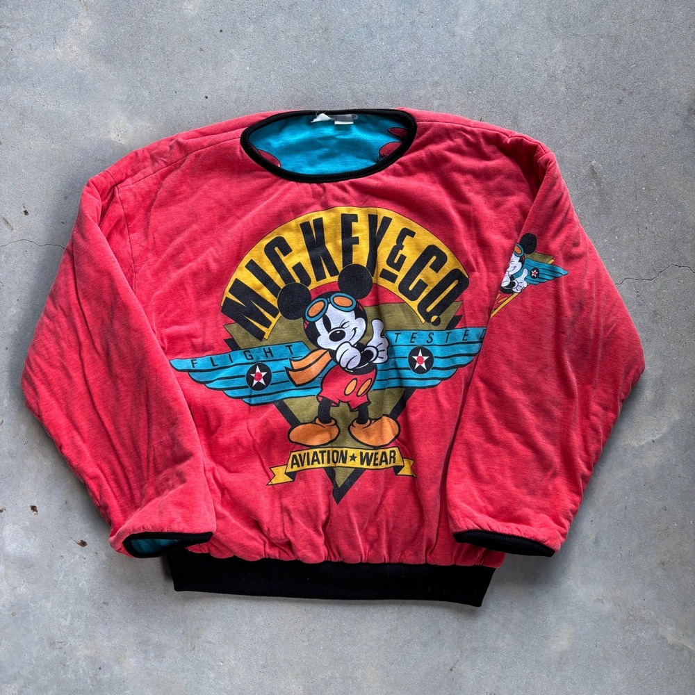 Vintage 90s Mickey & Co Aviation Wear Reversible Sweatshirt Red Teal Disney L/XL